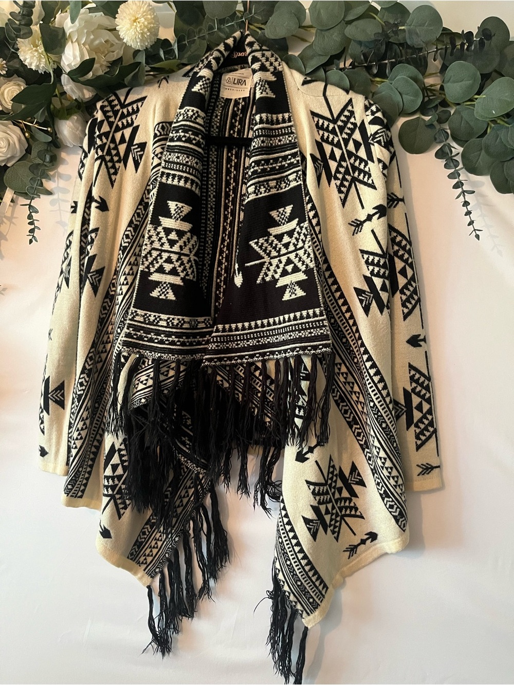 Lira Black & Cream Aztec Fringe Draped Cardigan